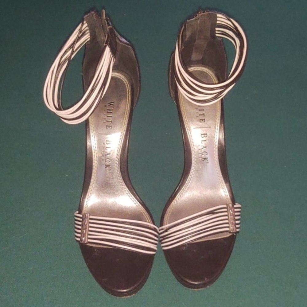 WHBM Black and White "David" Strappy Heels Sandals Pumps